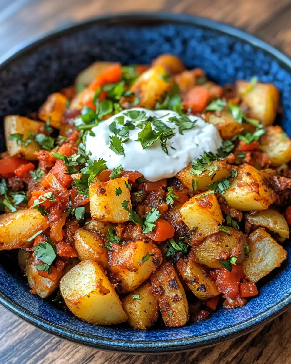 Golden crispy spicy Mexican street potatoes plated and ready to eat