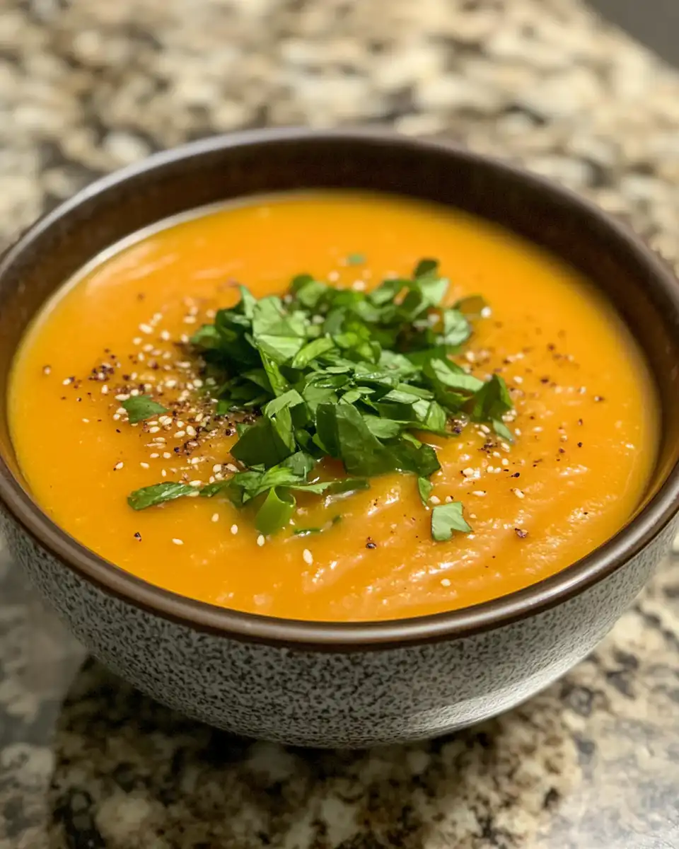 Serving bowl of spicy miso carrot soup garnished with sesame oil drizzle
