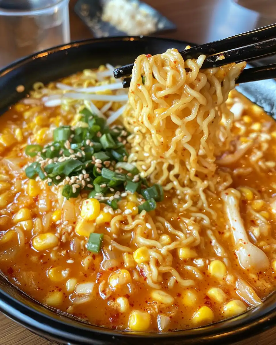 Ingredients and cooking process of vegan Korean corn cheese ramen
