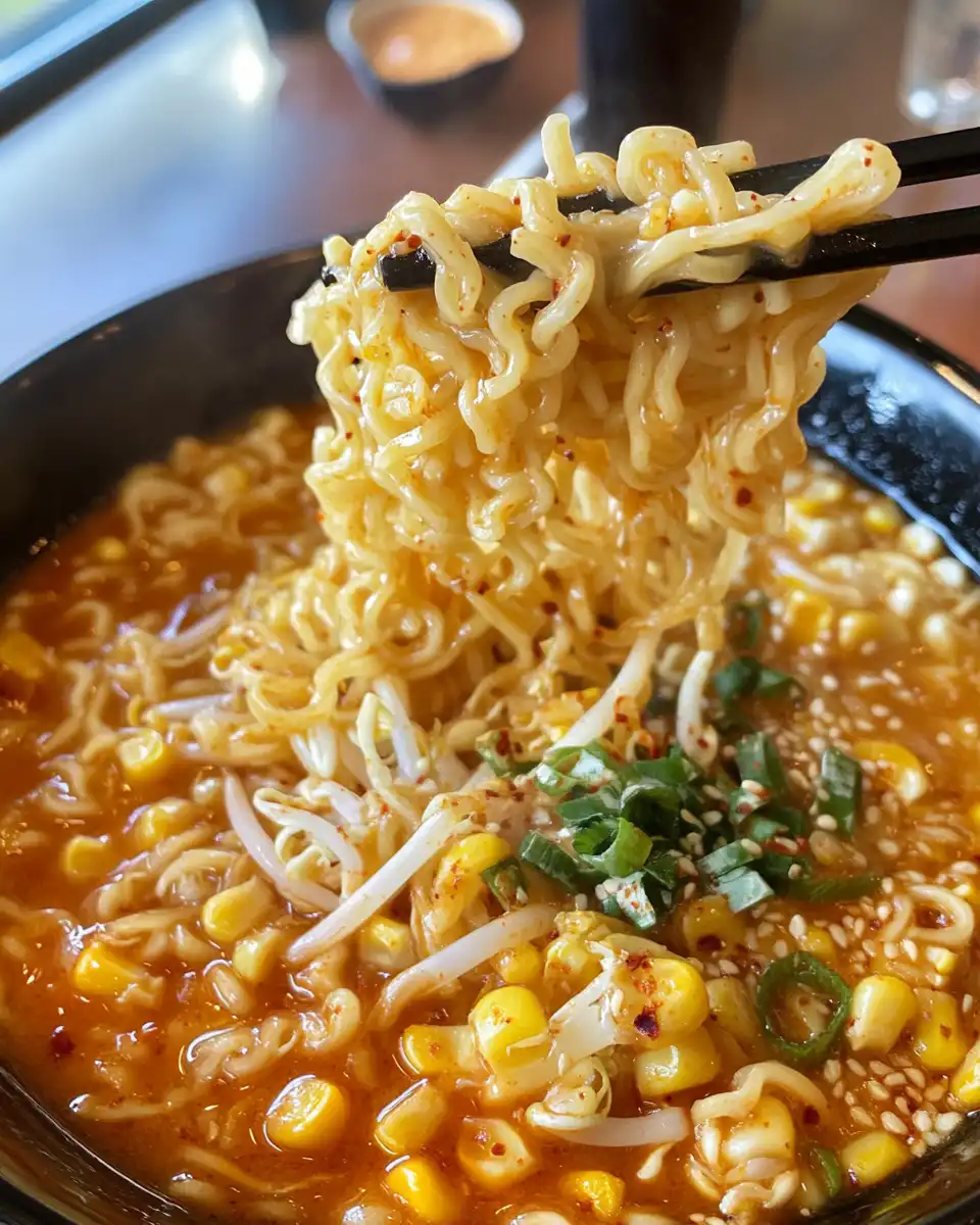 Finished vegan Korean corn cheese ramen served with green onions