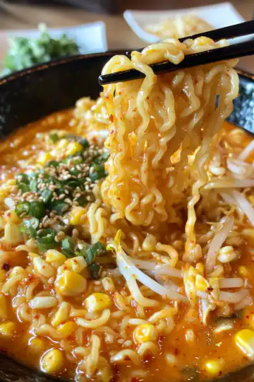 Spicy Noodles With Korean Corn Cheese taken with iphone 15 pro max --iw 2 --ar 4:5 --v 6.1 --raw