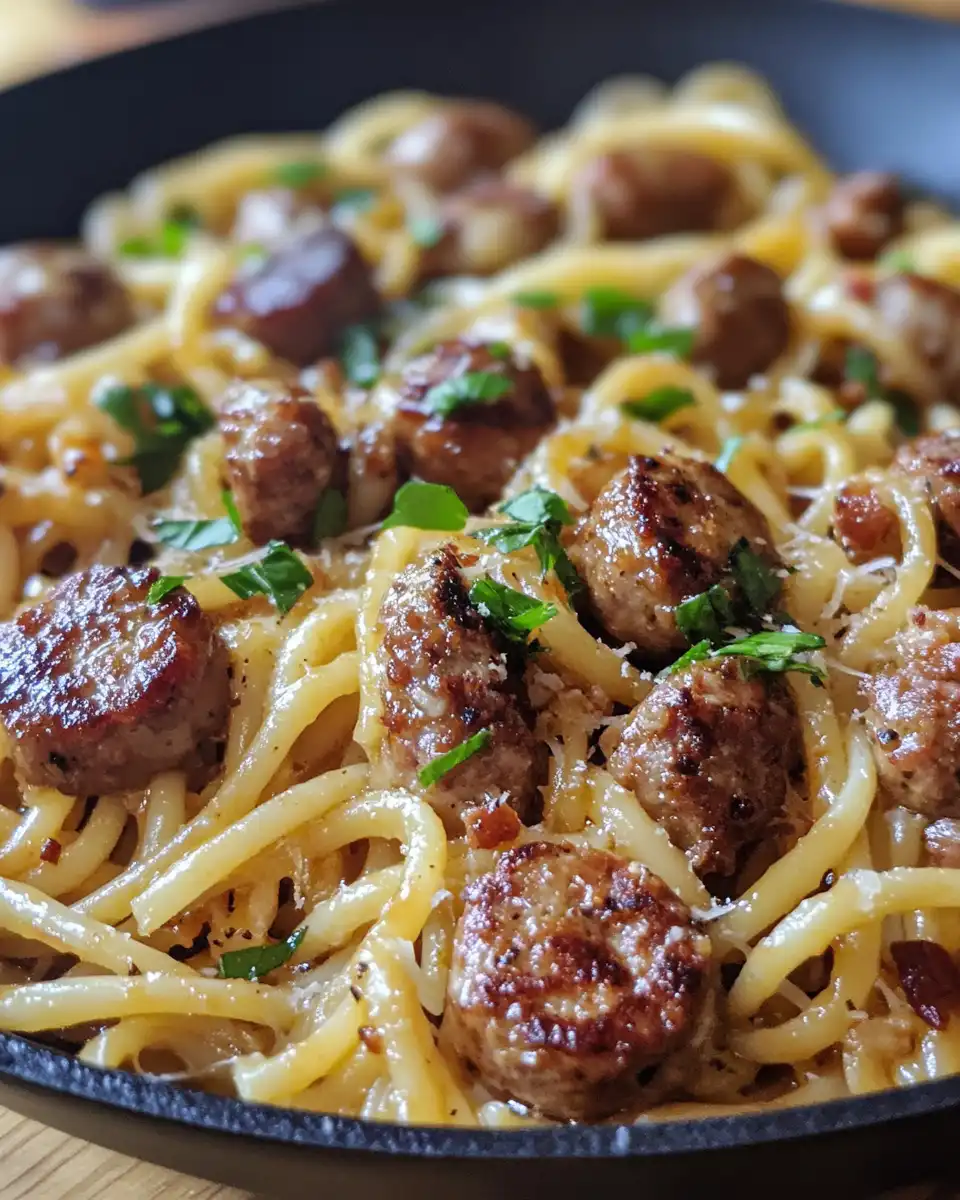 Plated sticky honey garlic sausage pasta ready to serve
