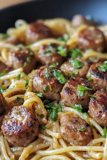 Sticky Honey Garlic Sausage Pasta Skillet taken with iphone 15 pro max --iw 2 --ar 4:5 --v 6.1 --raw