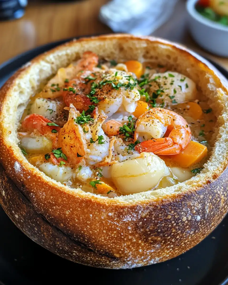 Finished seafood chowder served in bread bowls with parsley garnish