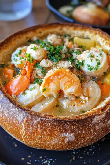 Stuffed Seafood Soup Bread Bowl taken with iphone 15 pro max --iw 2 --ar 4:5 --v 6.1 --raw