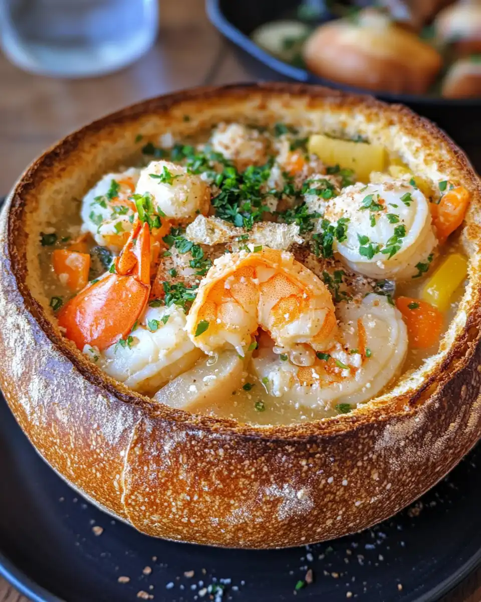 Seafood chowder served in hollowed bread bowls ready to enjoy