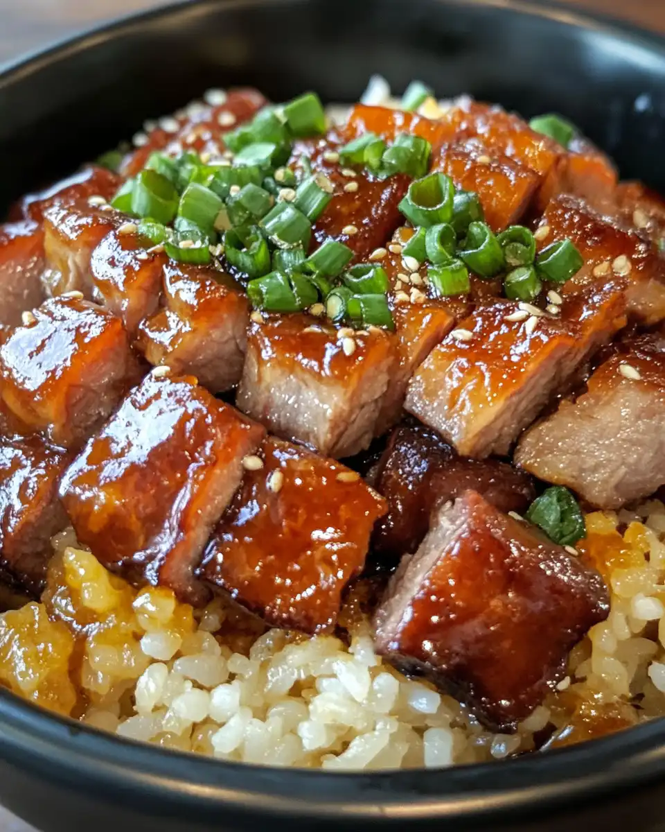 Serving of caramelized pork over jasmine rice with fresh chili