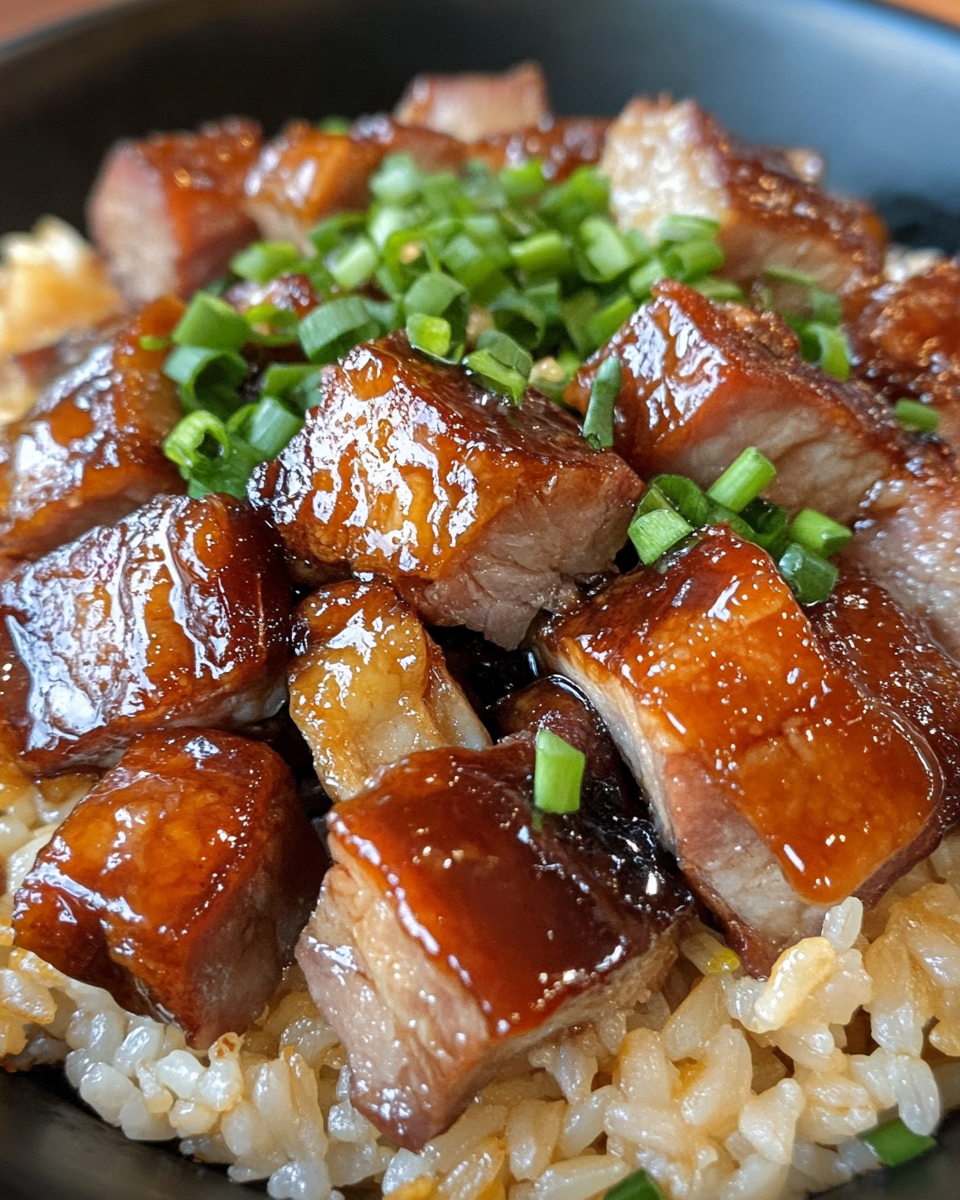 Close-up of steaming sweet caramelized pork cooking