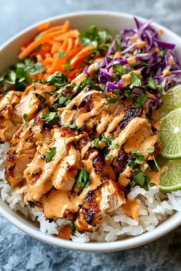 Sweet Chili Chicken Bowl With Coconut Lime Drizzle taken with iphone 15 pro max --iw 2 --ar 4:5 --v 6.1 --raw