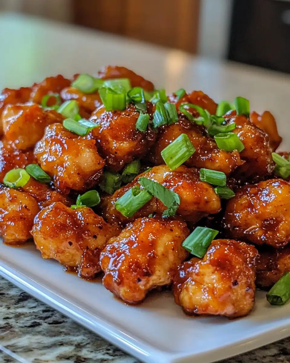 Sweet chili chicken tossed in thick sauce with green onion and sesame seed topping