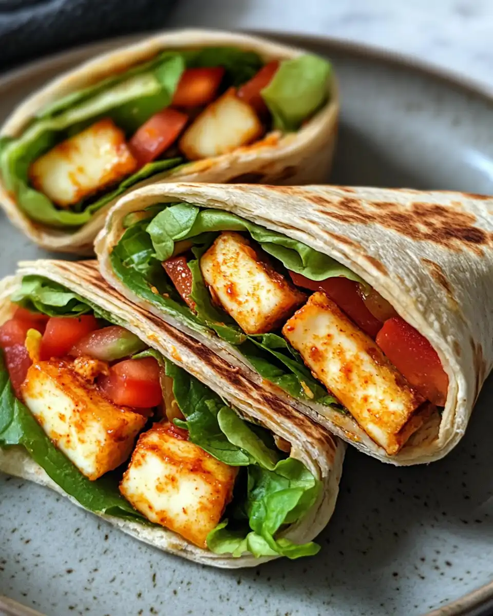 Ingredients assembled for sweet chili halloumi wraps with fresh vegetables and sauce
