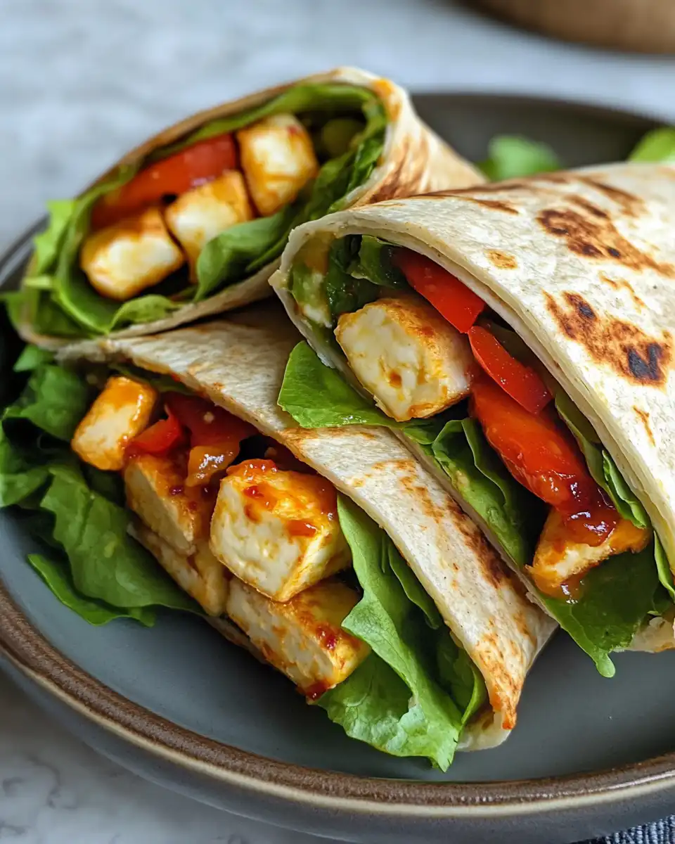 Served sweet chili halloumi wraps sliced and ready to eat with a fresh garnish