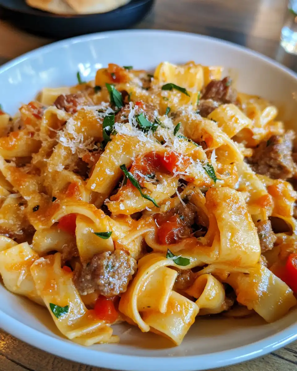 Chopped roasted peppers and sausage mingling in skillet
