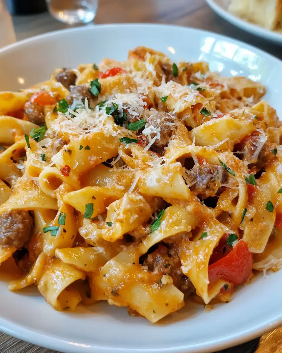 Close up of finished sweet pepper sausage pasta with parmesan and herbs
