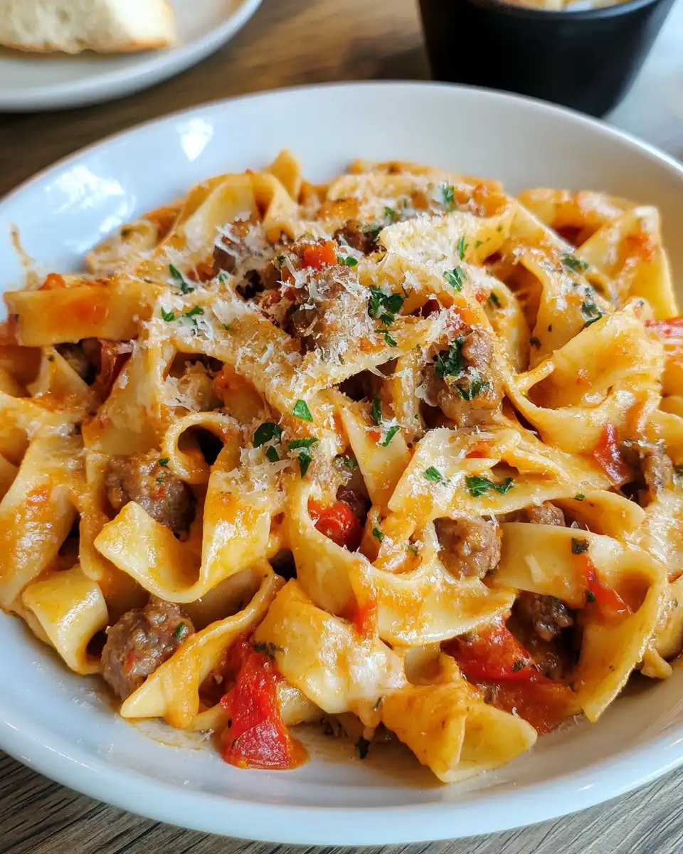 Steaming sweet pepper and sausage pasta in pressure cooker