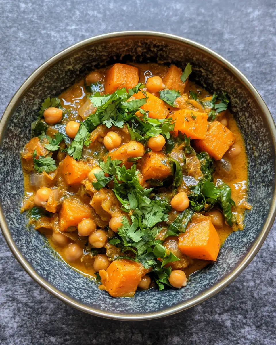 Bowl of finished sweet potato and chickpea curry, topped and ready to serve