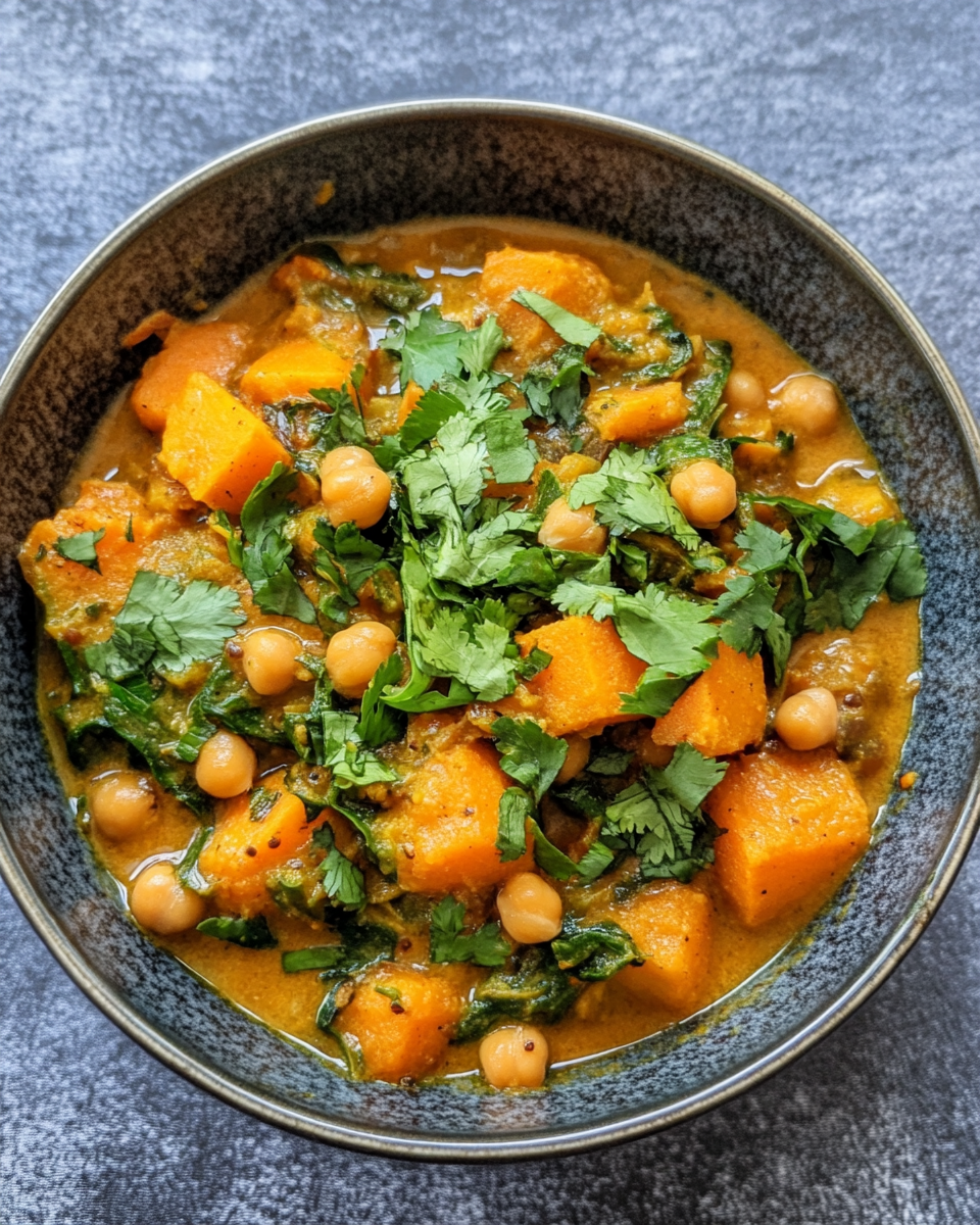 Pressure cooker with sweet potato and chickpea curry cooking and steam rising