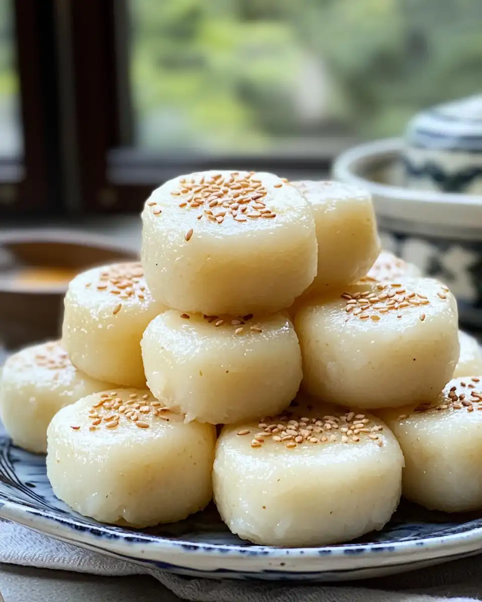 Finished sweet soy butter Korean rice cakes served on a plate, ready to eat