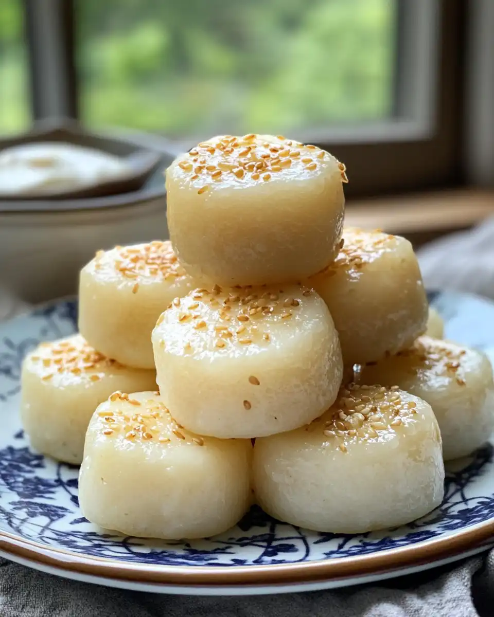 Sweet soy butter glistening on crispy Korean rice cakes in skillet