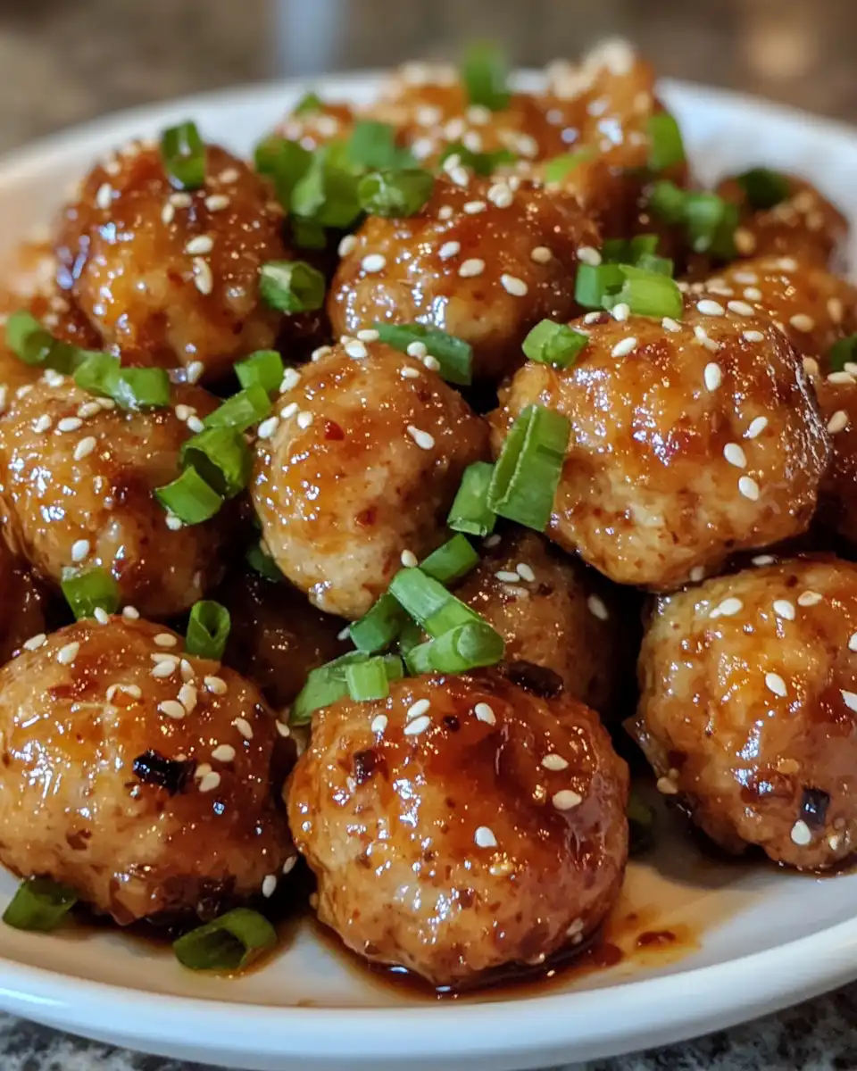 Served Korean chicken meatballs and broccoli with rice on plate