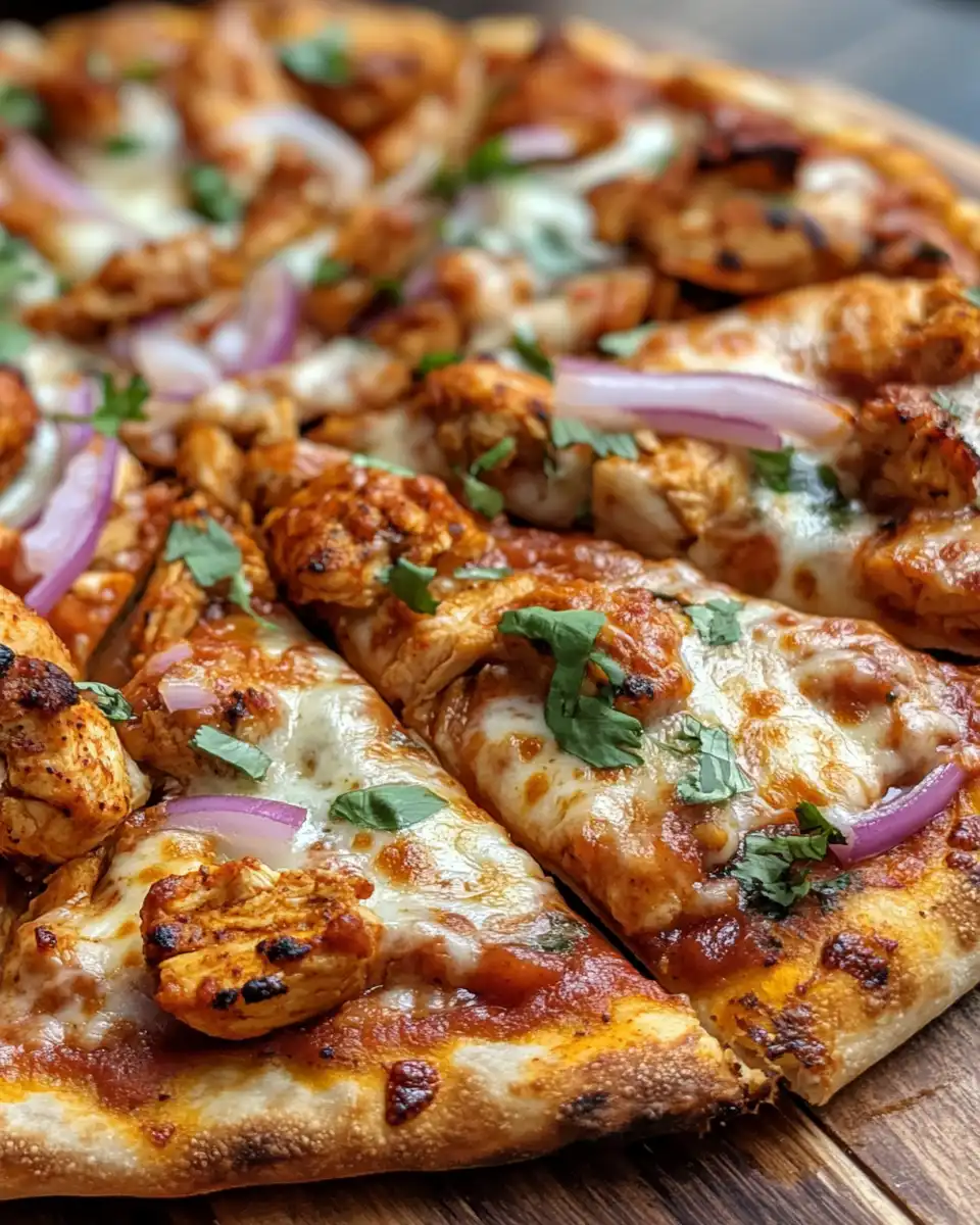 Served tandoori chicken naan pizza topped with fresh cilantro and onions