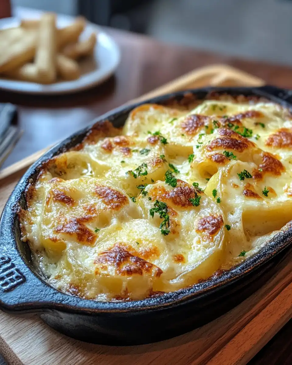 Close up of creamy tartiflette with melted cheese on top
