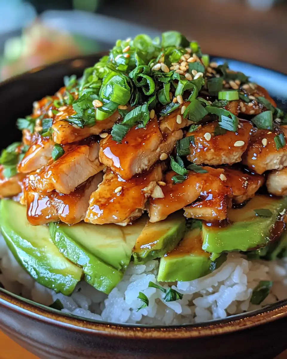 Ingredients and preparation steps for teriyaki chicken avocado rice bowl