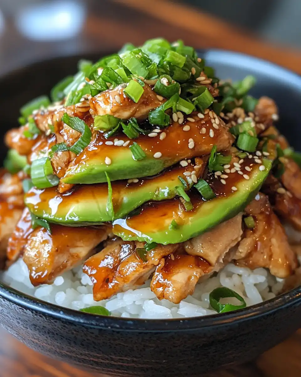 Plated teriyaki chicken and rice bowl garnished with avocado slices and sesame seeds
