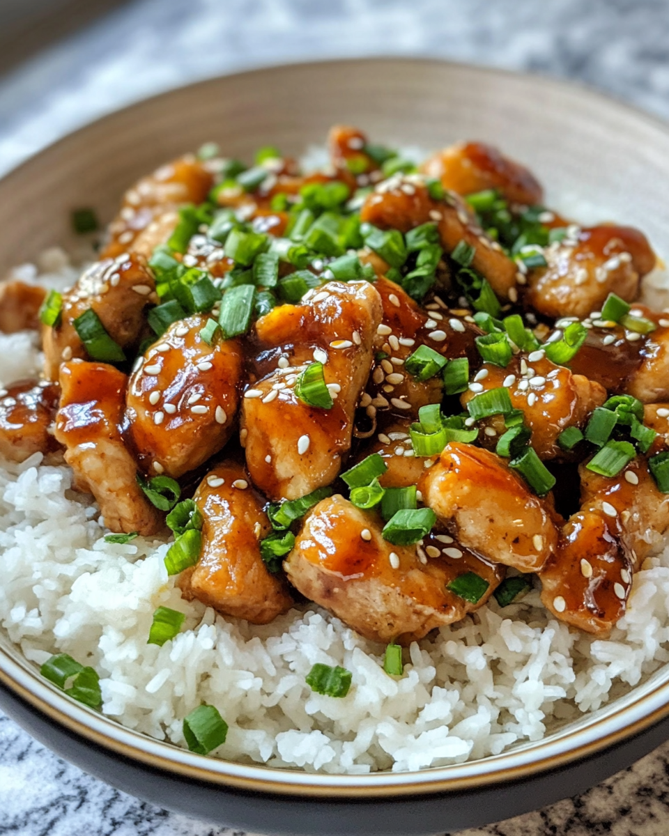 Plated pressure cooker teriyaki chicken served with steamed rice and sesame seeds