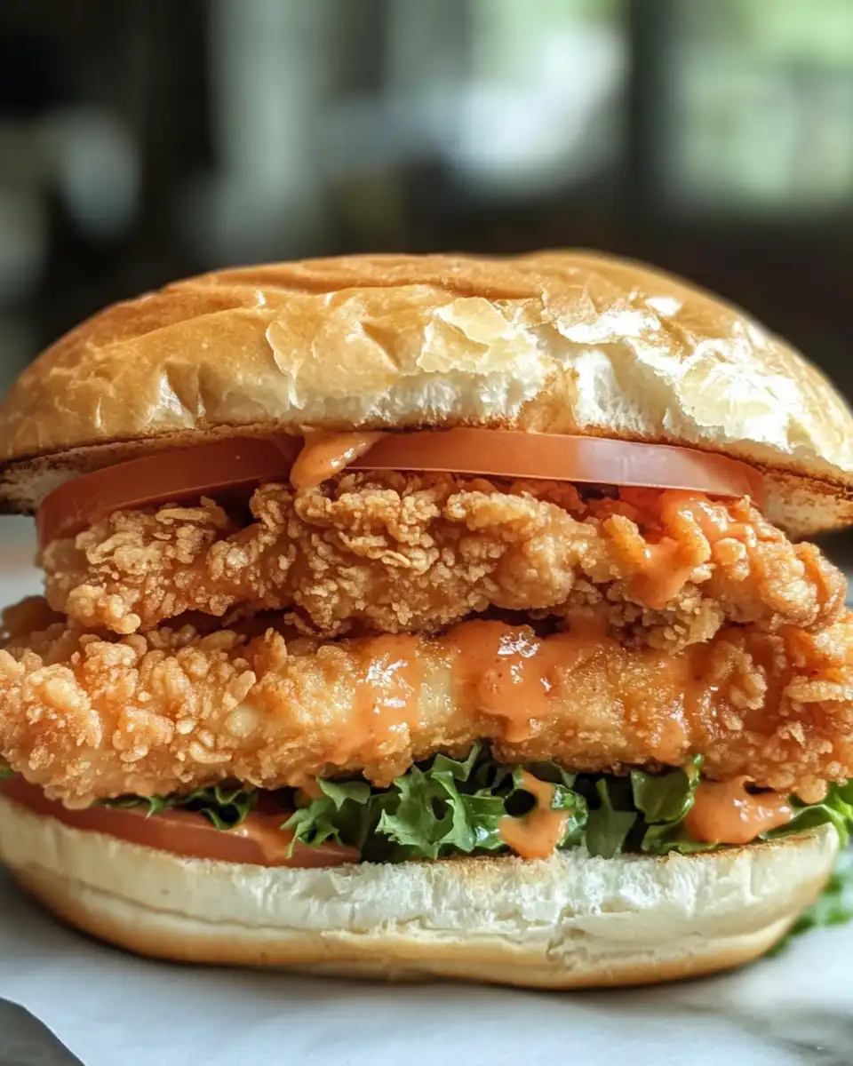 Golden crispy Thai fried chicken sandwich freshly cooked
