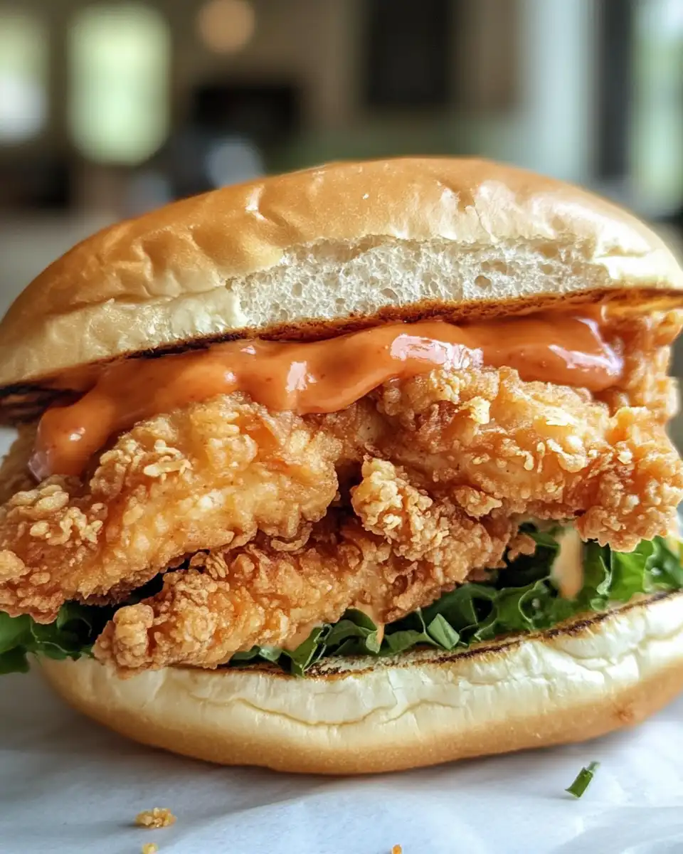 Assembled Thai fried chicken sandwich with fresh herbs and toppings