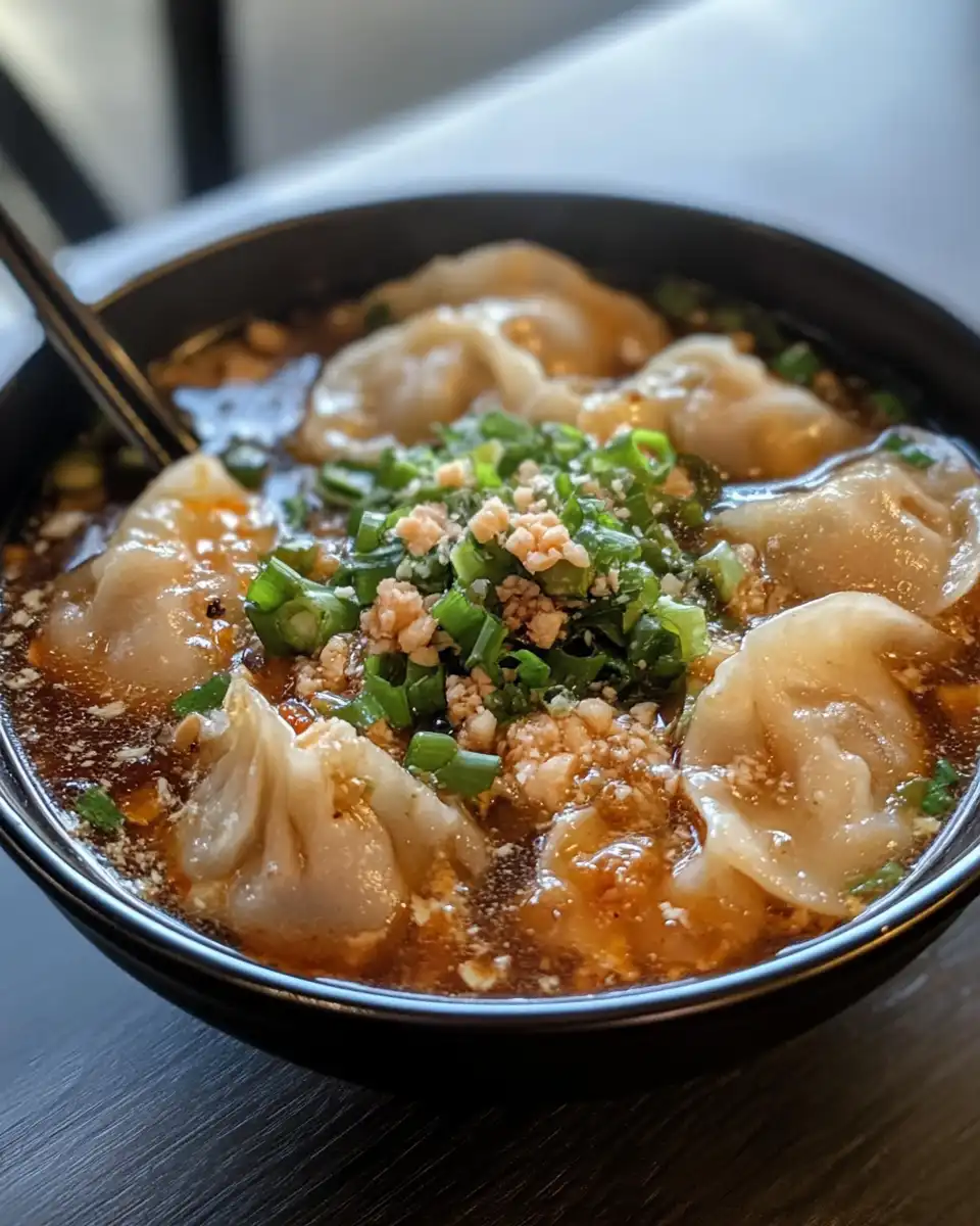 Finished bowl of Thai potsticker soup topped with cilantro and lime slices