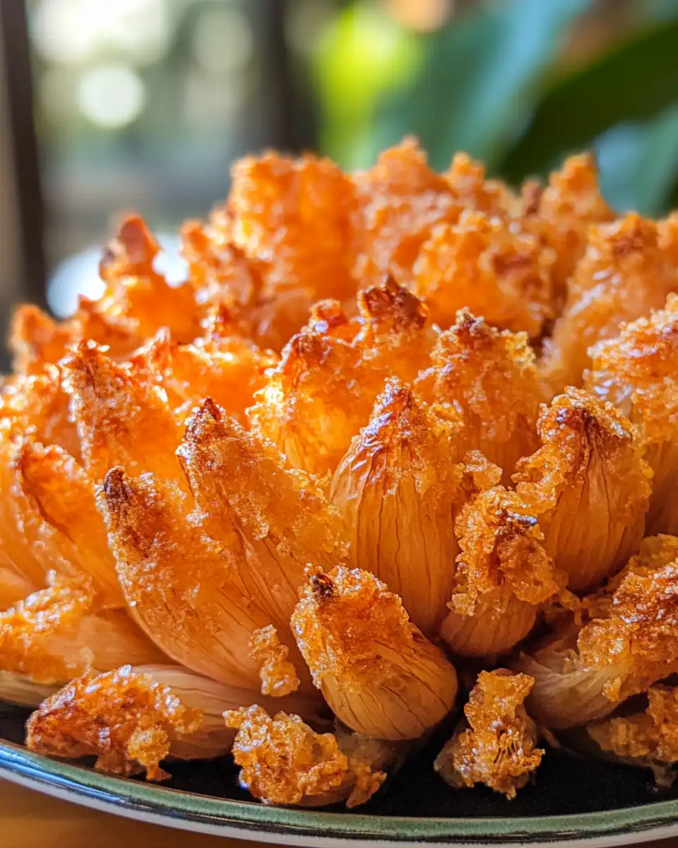 Plated golden baked blooming onions ready to serve with dipping sauce