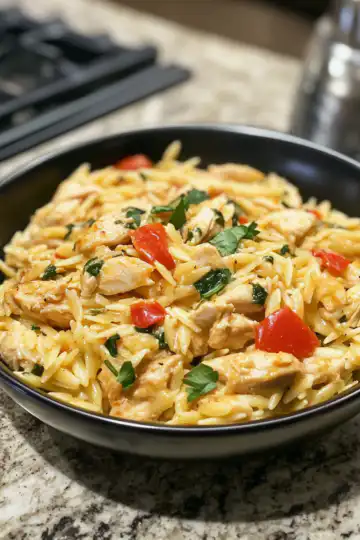 The Ultimate Guide To One Pot Cajun Chicken Alfredo Orzo taken with iphone 15 pro max --iw 2 --ar 4:5 --v 6.1 --raw