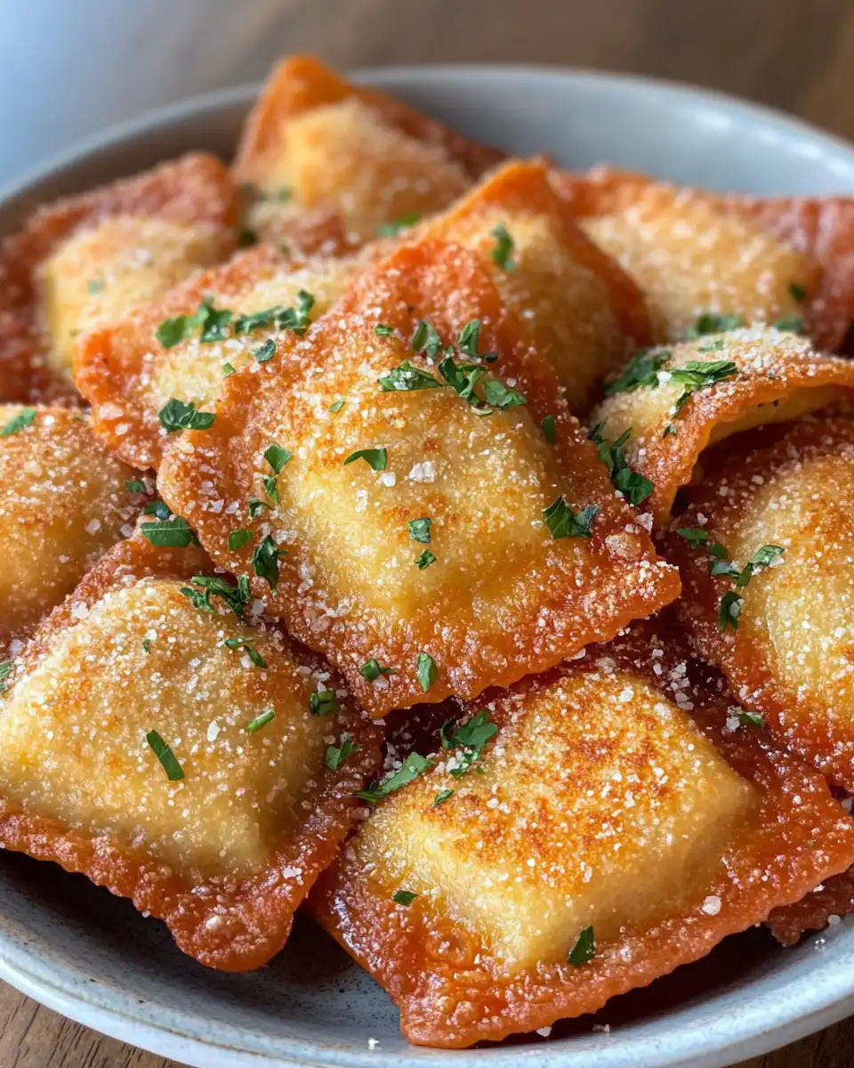 Golden toasted ravioli piled on a plate with marinara sauce ready for dipping