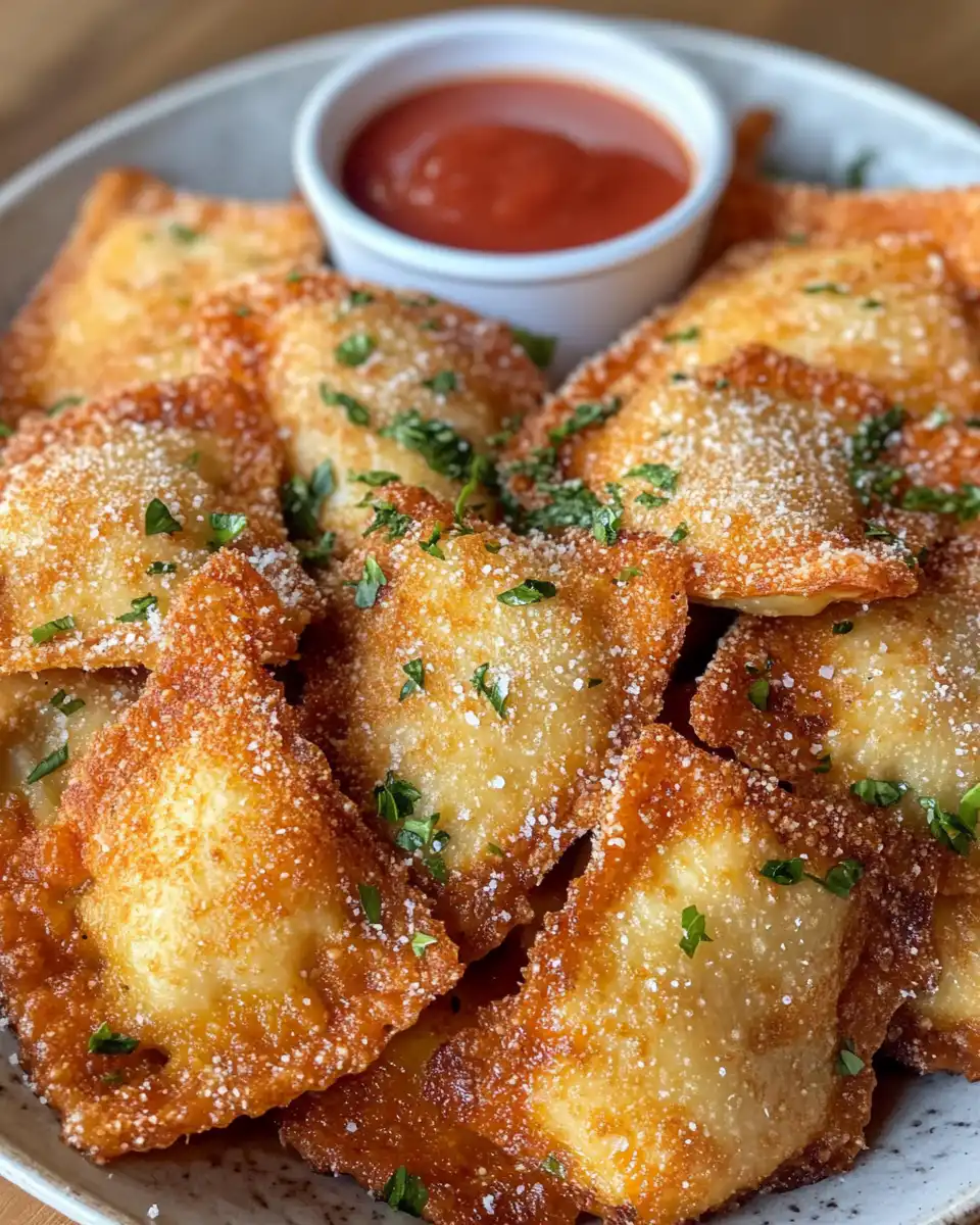 Toasted ravioli ready to be enjoyed, showing crispy golden crust and melty cheese inside