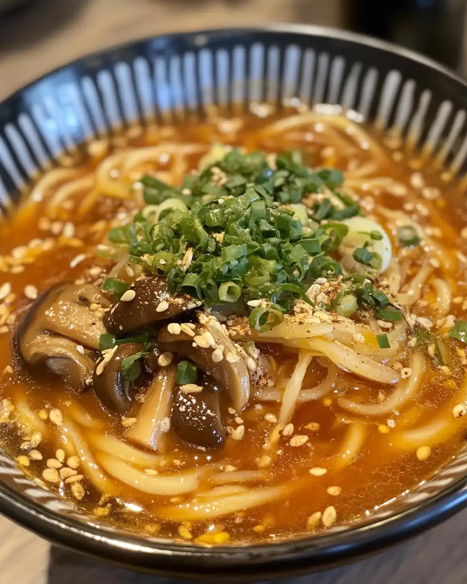 Close up of tomato enoki mushroom soup ready to serve
