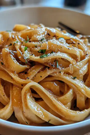 Vegan Caramelized Onion Pasta taken with iphone 15 pro max --iw 2 --ar 4:5 --v 6.1 --raw