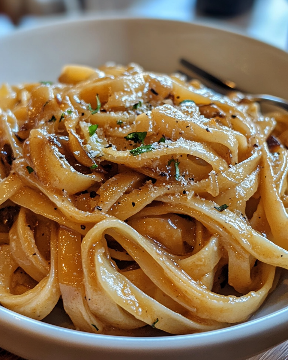 Pressure cooker steam rising with caramelized onion pasta aroma