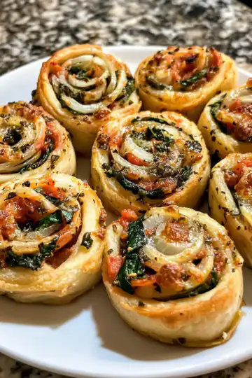 Vegan Caramelized Onion Spinach Pizza Rolls taken with iphone 15 pro max --iw 2 --ar 4:5 --v 6.1 --raw