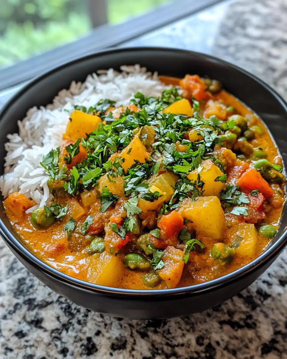 Freshly prepared ingredients for vegan curry spread out on kitchen counter