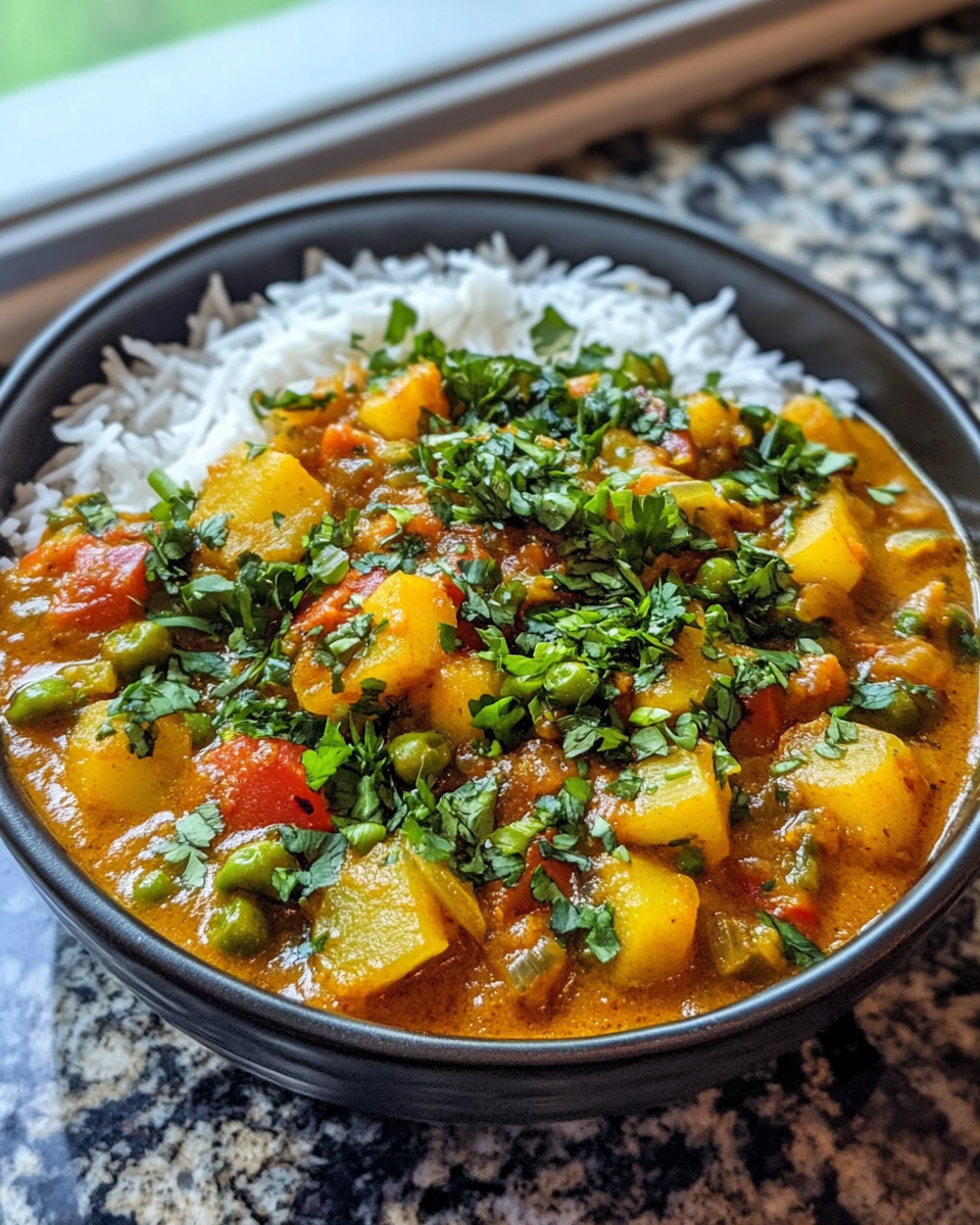 Bowl of finished vegan curry garnished with fresh cilantro and lime