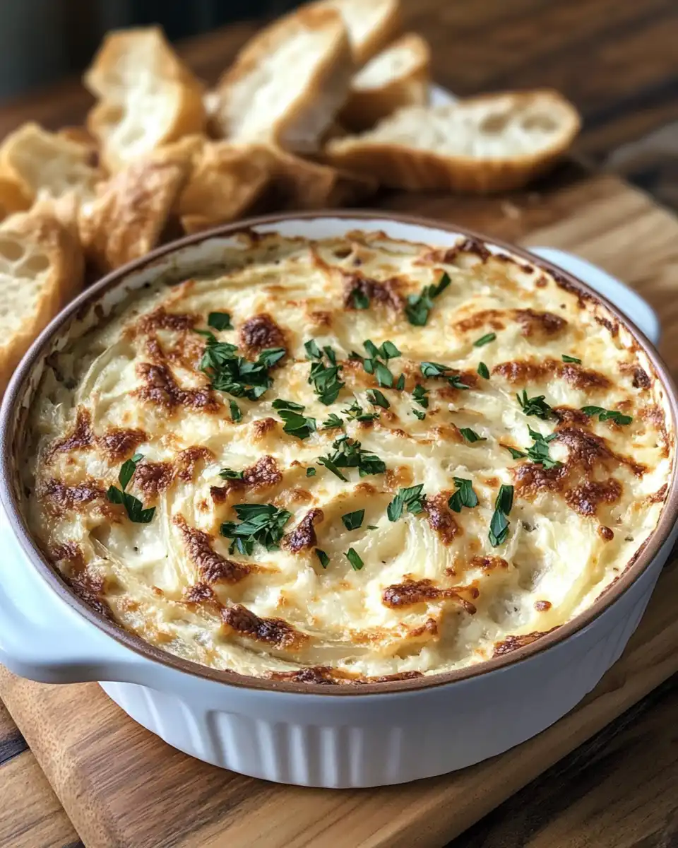 Creamy vegan French onion dip served with chips and veggies