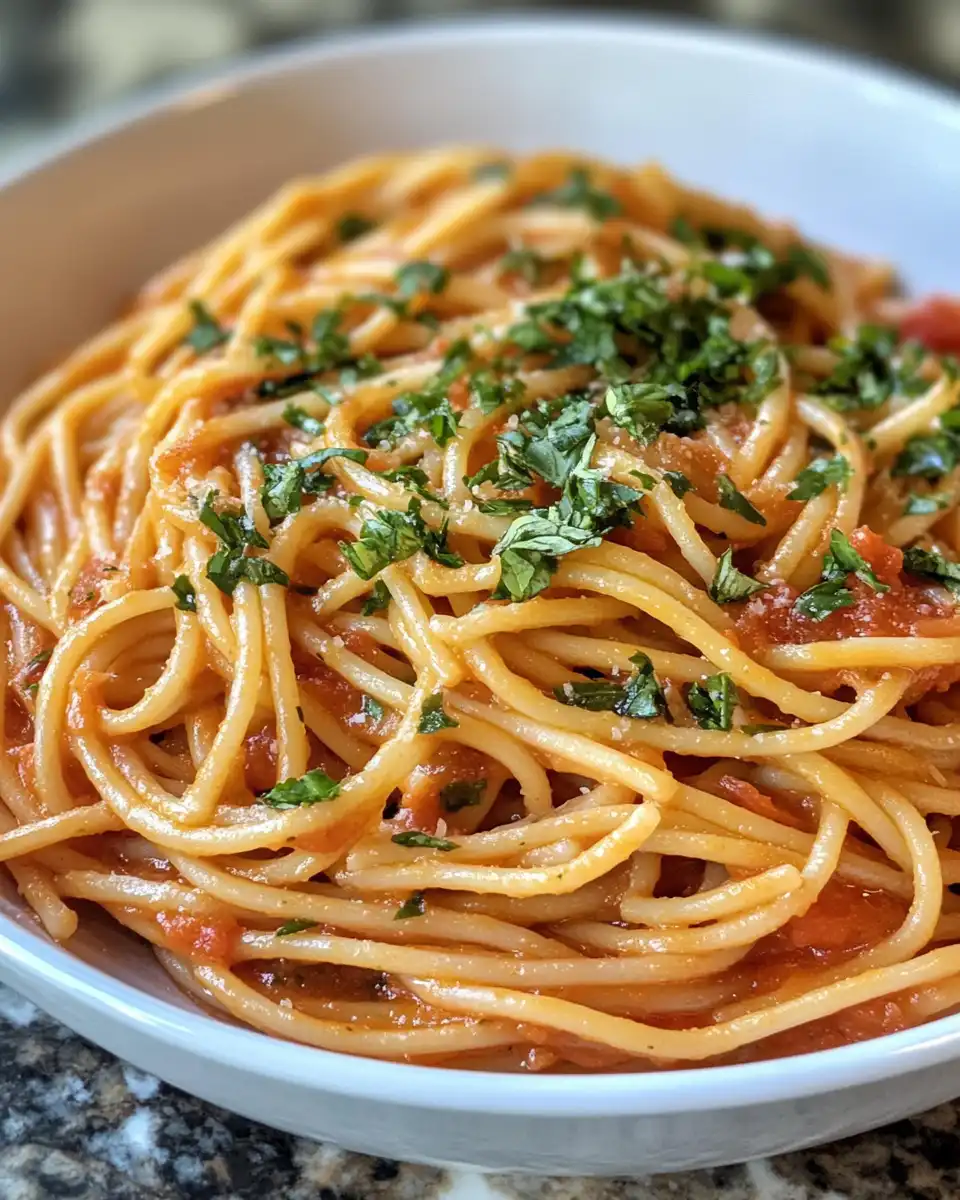 Serving bowl of vegan Marry Me pasta garnished with fresh basil