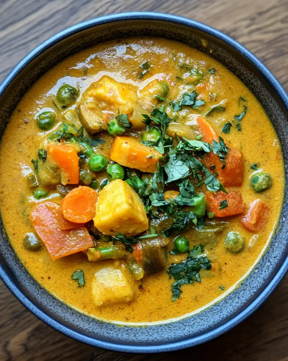 Served bowl of vegetable curry with fresh coriander garnish