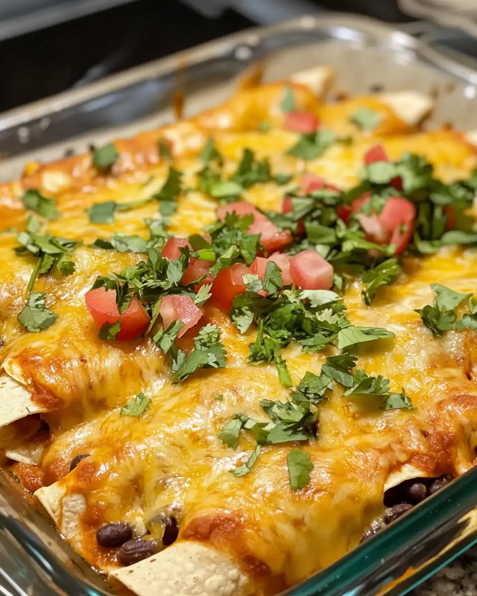 Plate of finished vegetarian black bean enchiladas served with garnishes