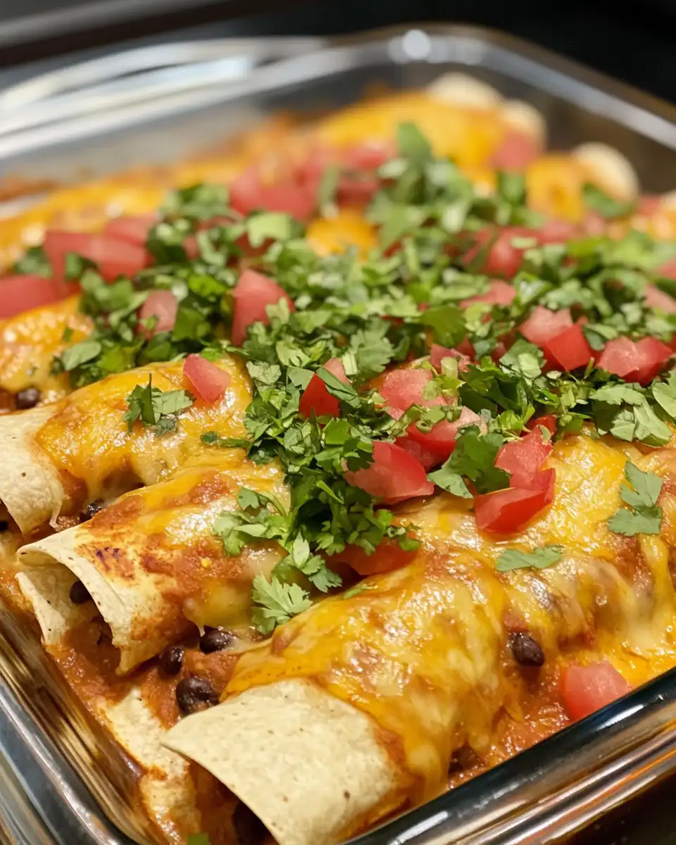 Pressure cooker filled with vegetarian black bean enchiladas ready for cooking