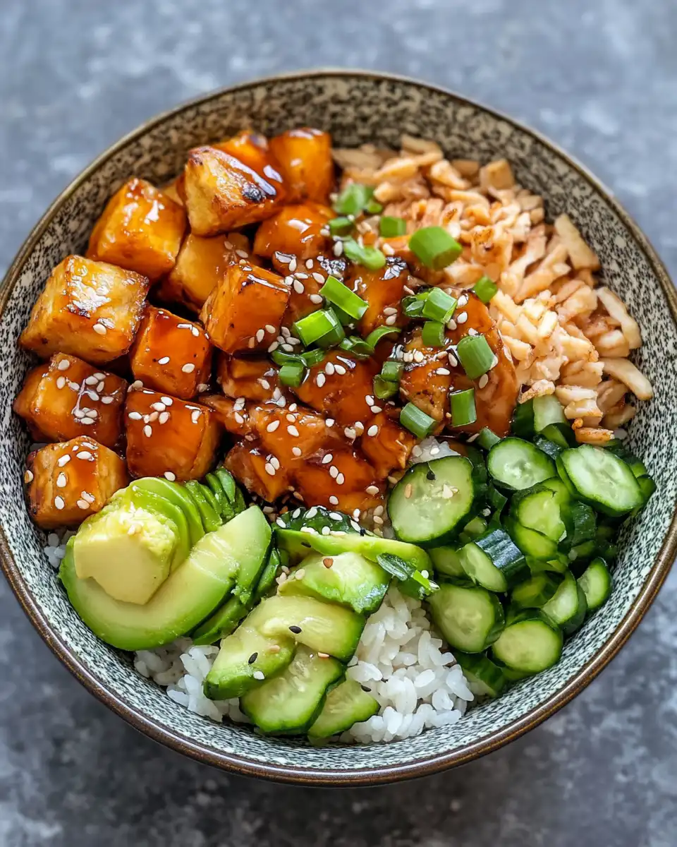 Crispy tofu cubes coating with sesame oil and starch before baking