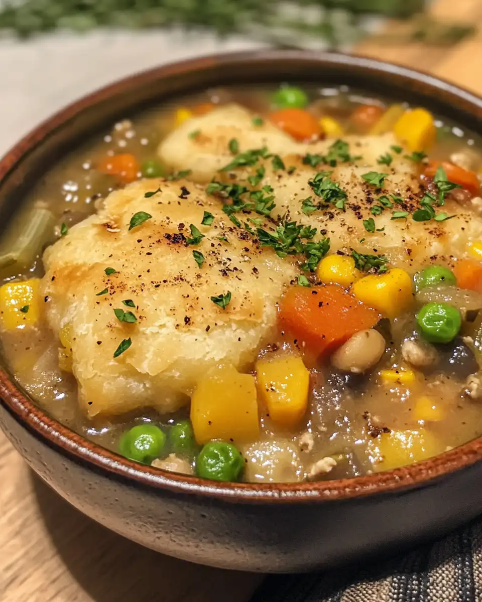 Bowl of finished veggie pot pie soup ready to serve