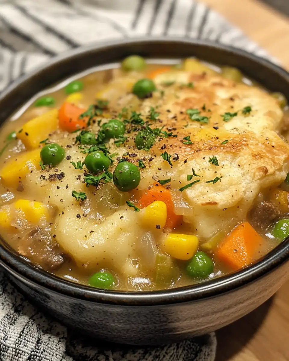 Bowl of creamy veggie pot pie soup without crust